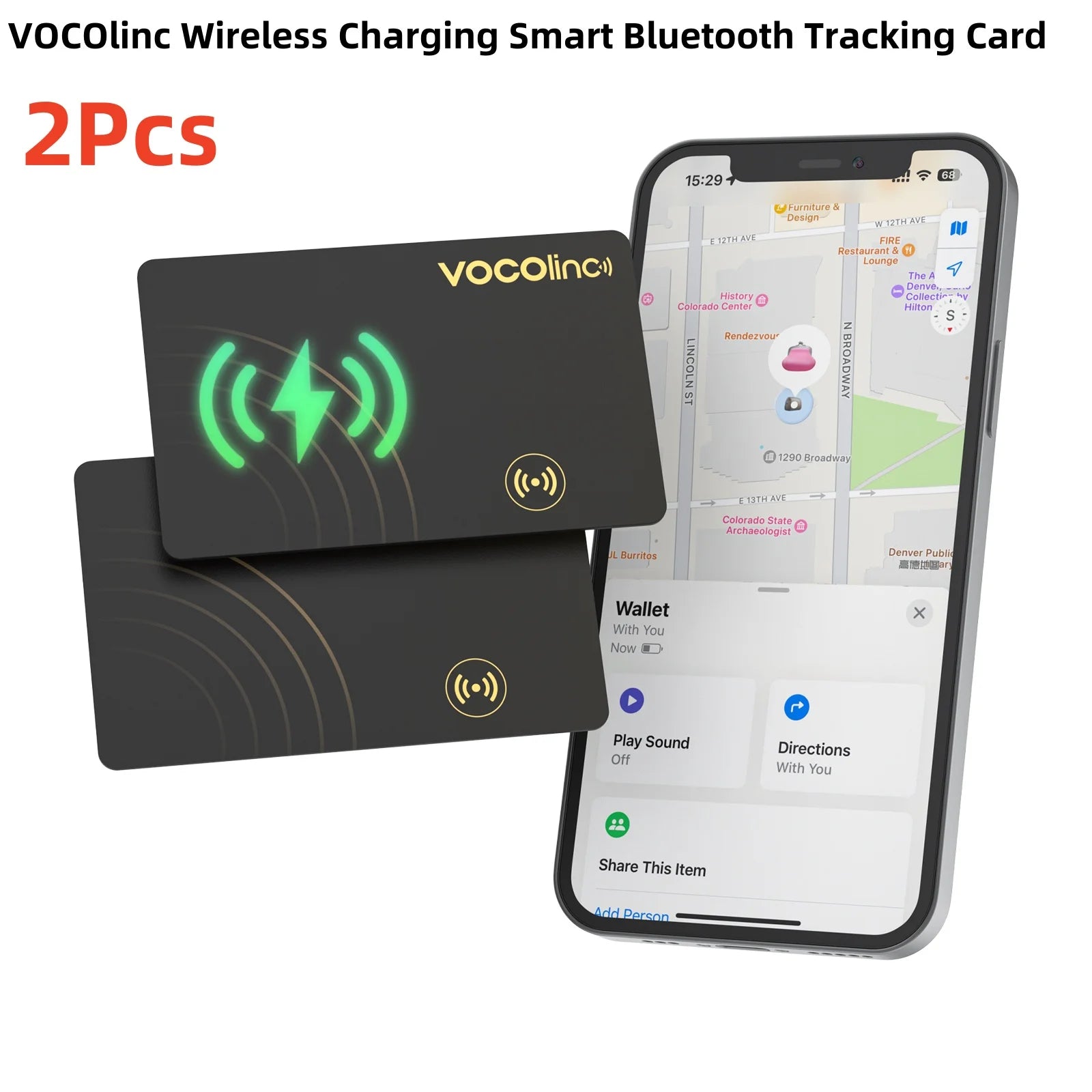 Tarjeta Localizadora Bluetooth VOCOlinc con Carga Inalámbrica - Localizador Global Smart Tag Compatible con Find My (iOS)