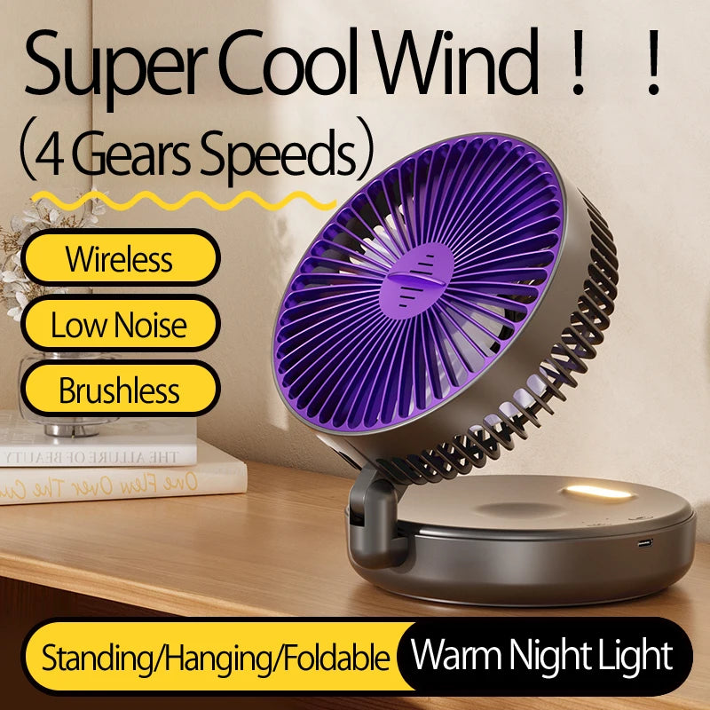 Ventilador Portátil Recargable 3 en 1 con 5000mAh - Plegable 90°, 4 Velocidades y Luz Nocturna Cálida