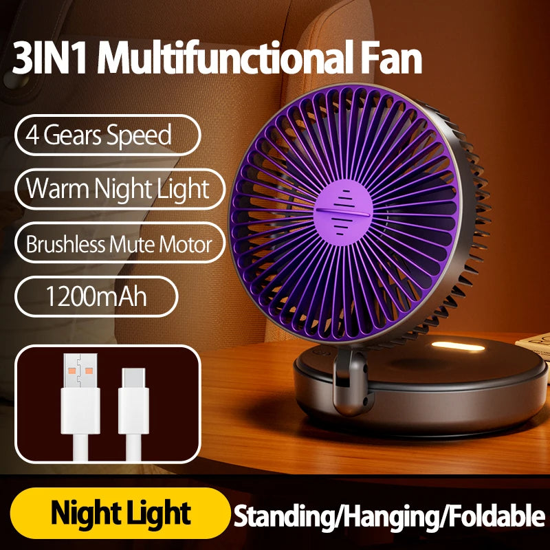 Ventilador Portátil Recargable 3 en 1 con 5000mAh - Plegable 90°, 4 Velocidades y Luz Nocturna Cálida