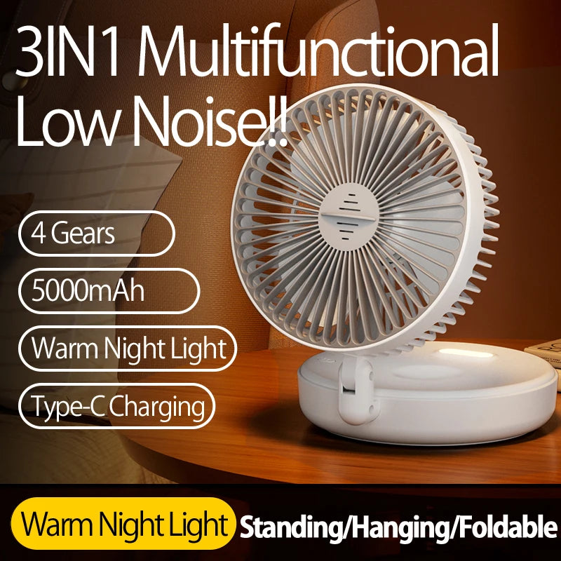 Ventilador Portátil Recargable 3 en 1 con 5000mAh - Plegable 90°, 4 Velocidades y Luz Nocturna Cálida
