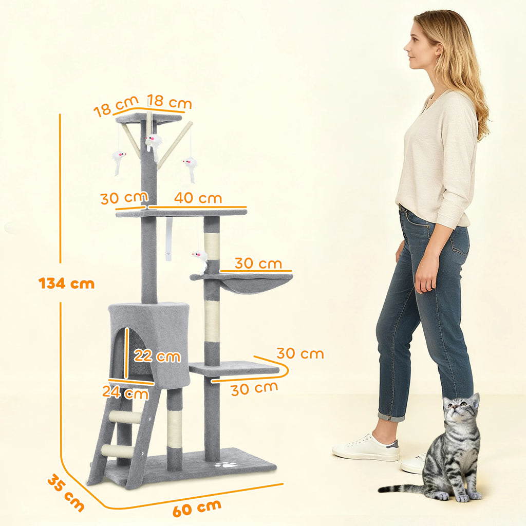 Rascador para Gatos PawHut 134 cm - Árbol con 6 Postes, 3 Plataformas, Cueva, Hamaca, Escalera y 4 Juguetes Colgantes