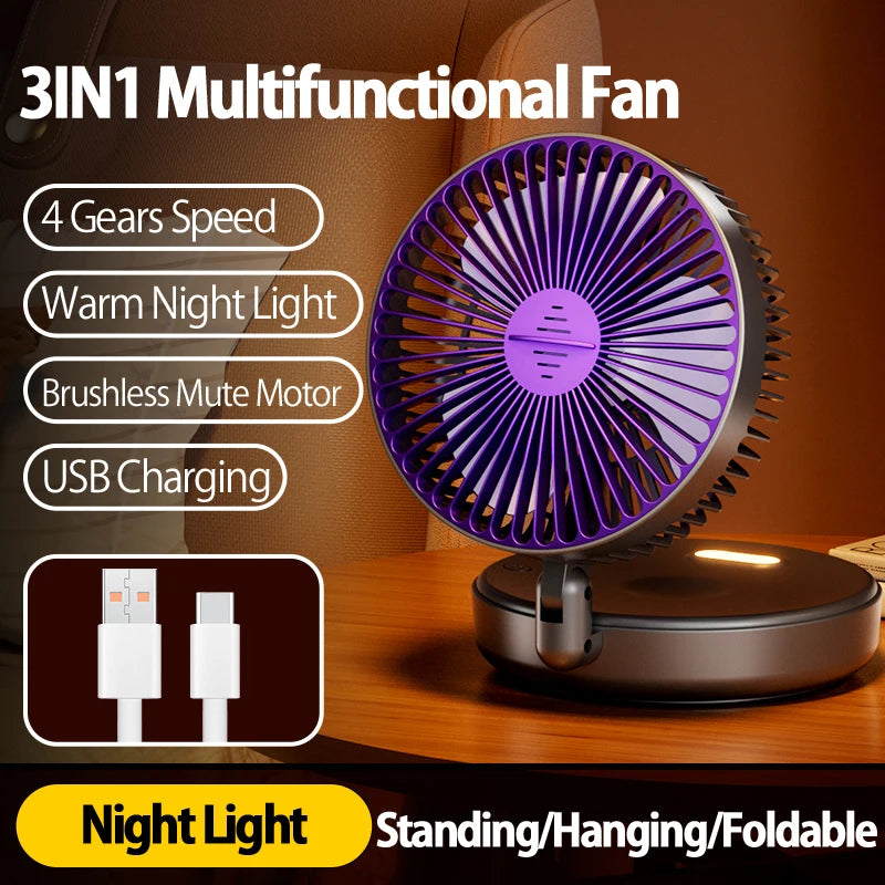 Ventilador Portátil Recargable 3 en 1 con 5000mAh - Plegable 90°, 4 Velocidades y Luz Nocturna Cálida
