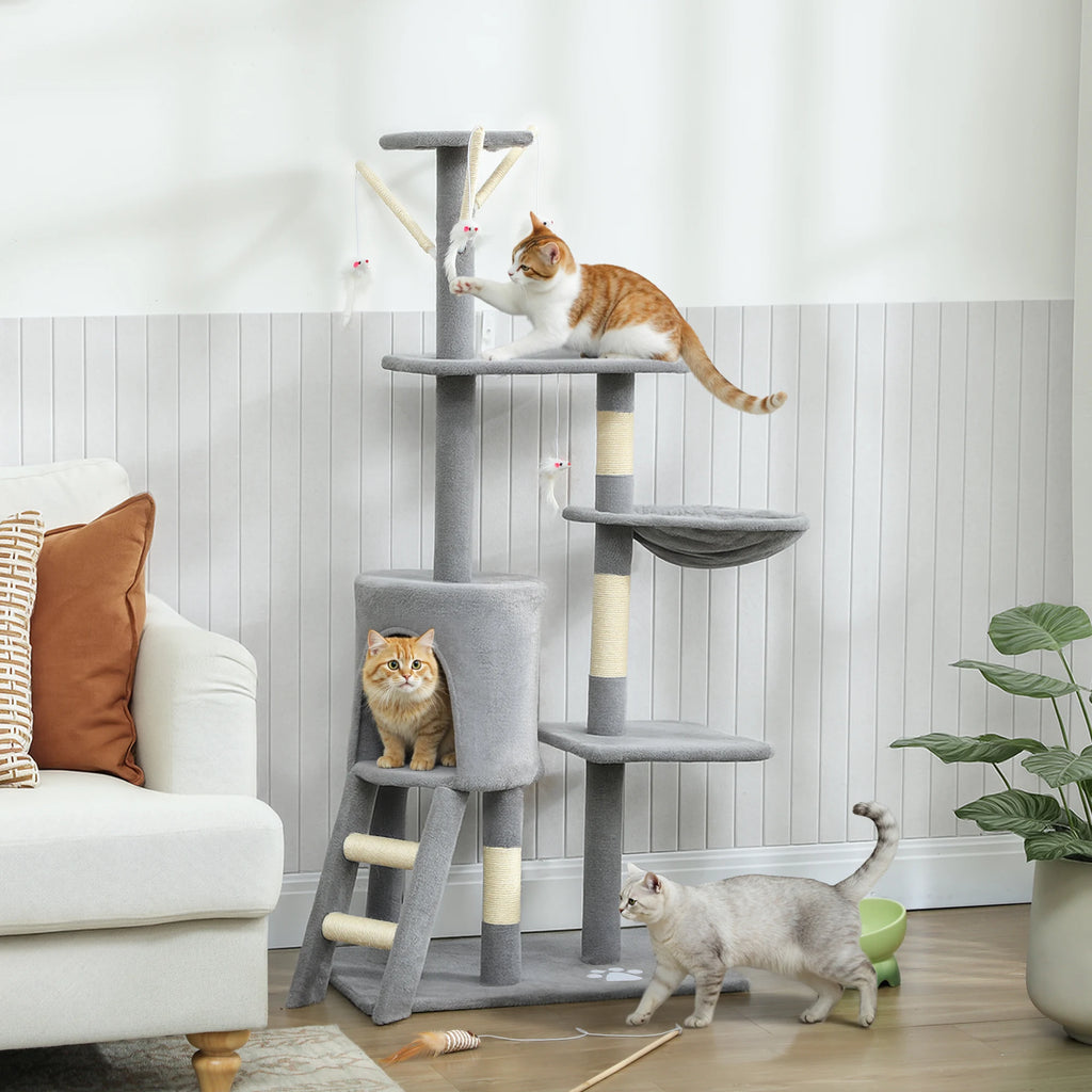 Rascador para Gatos PawHut 134 cm - Árbol con 6 Postes, 3 Plataformas, Cueva, Hamaca, Escalera y 4 Juguetes Colgantes