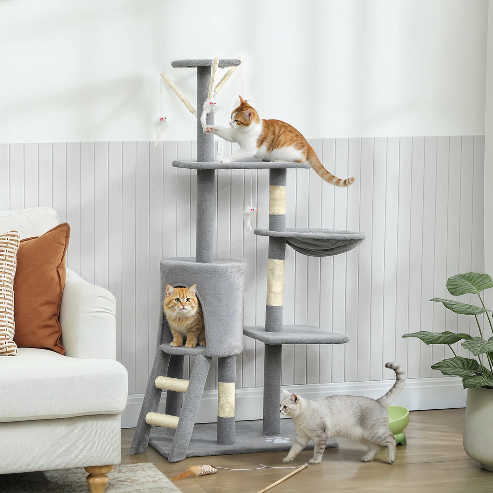 Rascador para Gatos PawHut 134 cm - Árbol con 6 Postes, 3 Plataformas, Cueva, Hamaca, Escalera y 4 Juguetes Colgantes