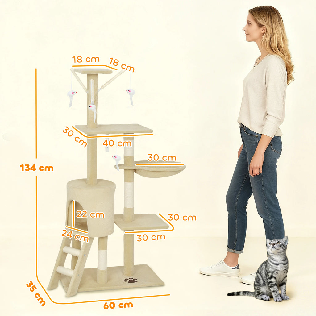 Rascador para Gatos PawHut 134 cm - Árbol con 6 Postes, 3 Plataformas, Cueva, Hamaca, Escalera y 4 Juguetes Colgantes