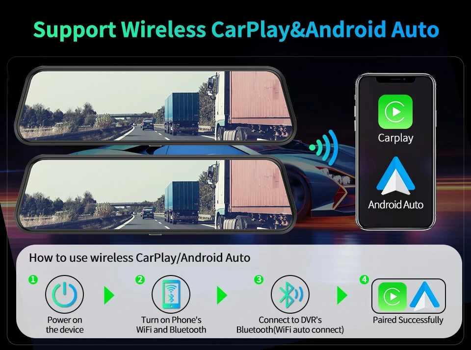 Espejo Retrovisor con Dashcam 4K 10" - Carplay Inalámbrico, Android Auto, GPS WiFi y Doble Objetivo