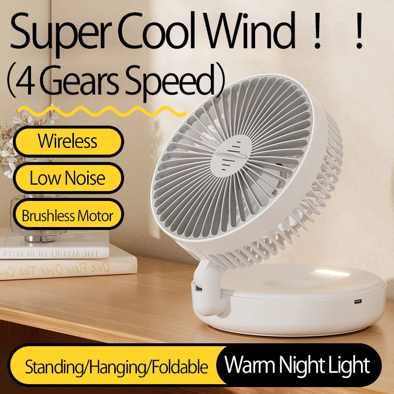 Ventilador Portátil Recargable 3 en 1 con 5000mAh - Plegable 90°, 4 Velocidades y Luz Nocturna Cálida