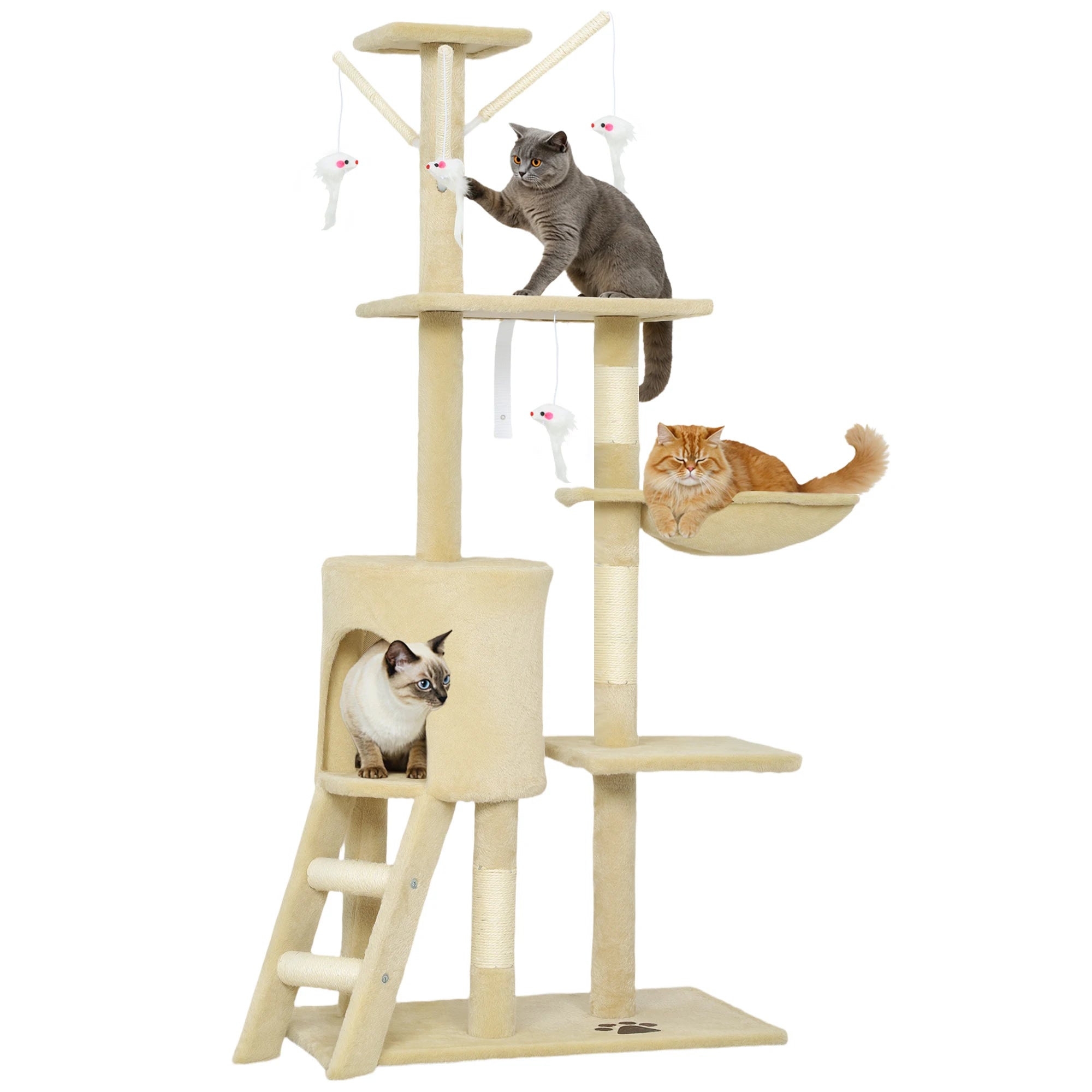 Rascador para Gatos PawHut 134 cm - Árbol con 6 Postes, 3 Plataformas, Cueva, Hamaca, Escalera y 4 Juguetes Colgantes