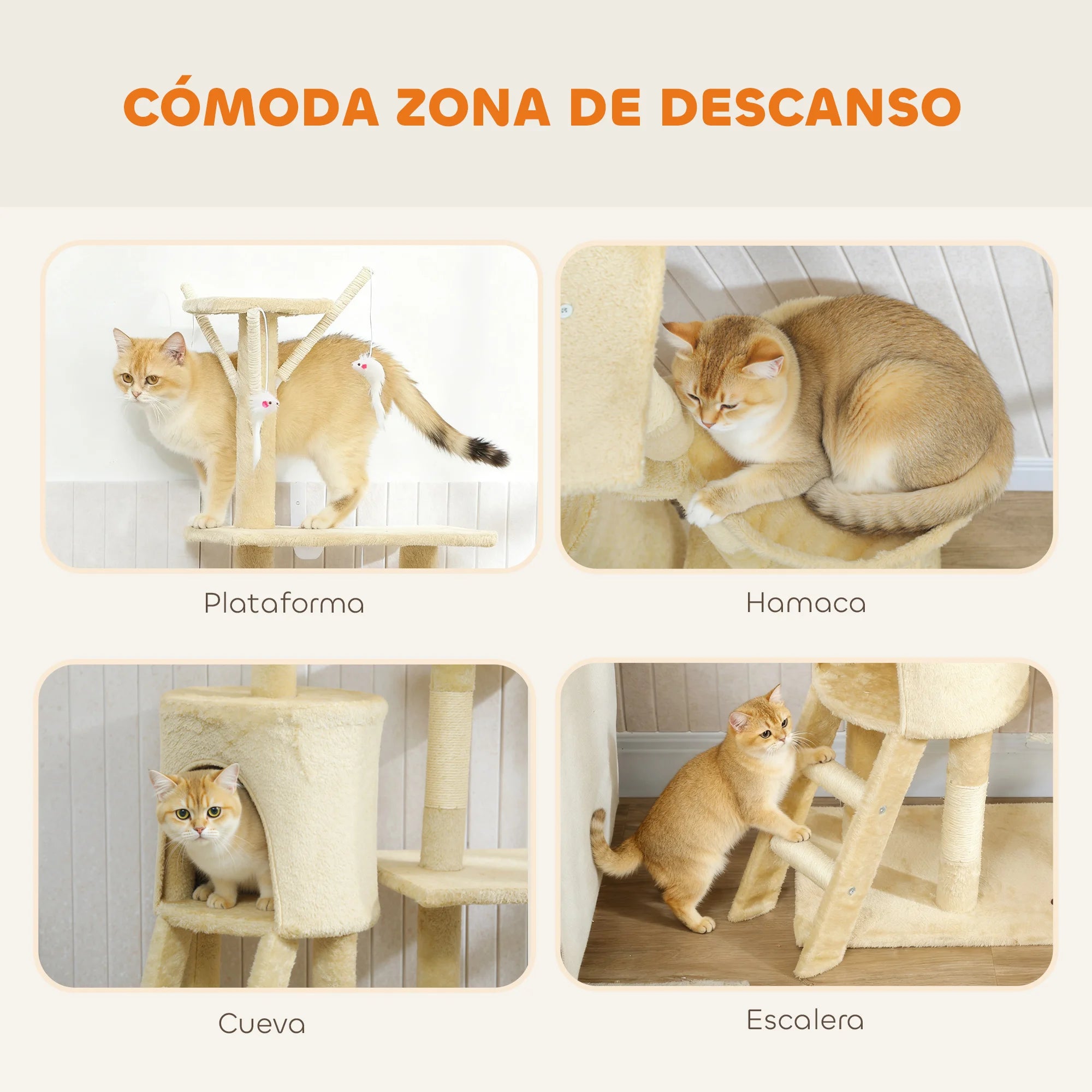 Rascador para Gatos PawHut 134 cm - Árbol con 6 Postes, 3 Plataformas, Cueva, Hamaca, Escalera y 4 Juguetes Colgantes
