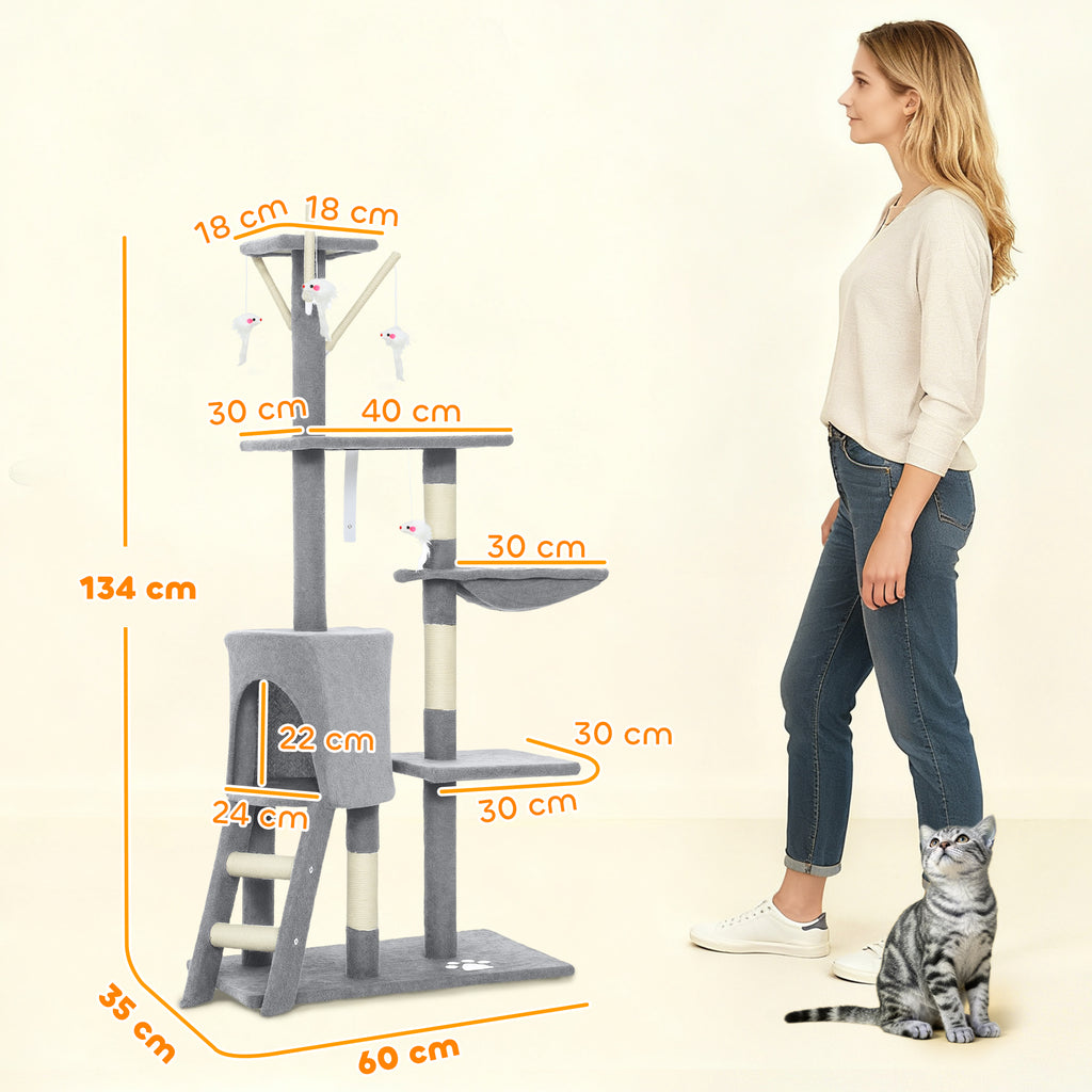 Rascador para Gatos PawHut 134 cm - Árbol con 6 Postes, 3 Plataformas, Cueva, Hamaca, Escalera y 4 Juguetes Colgantes